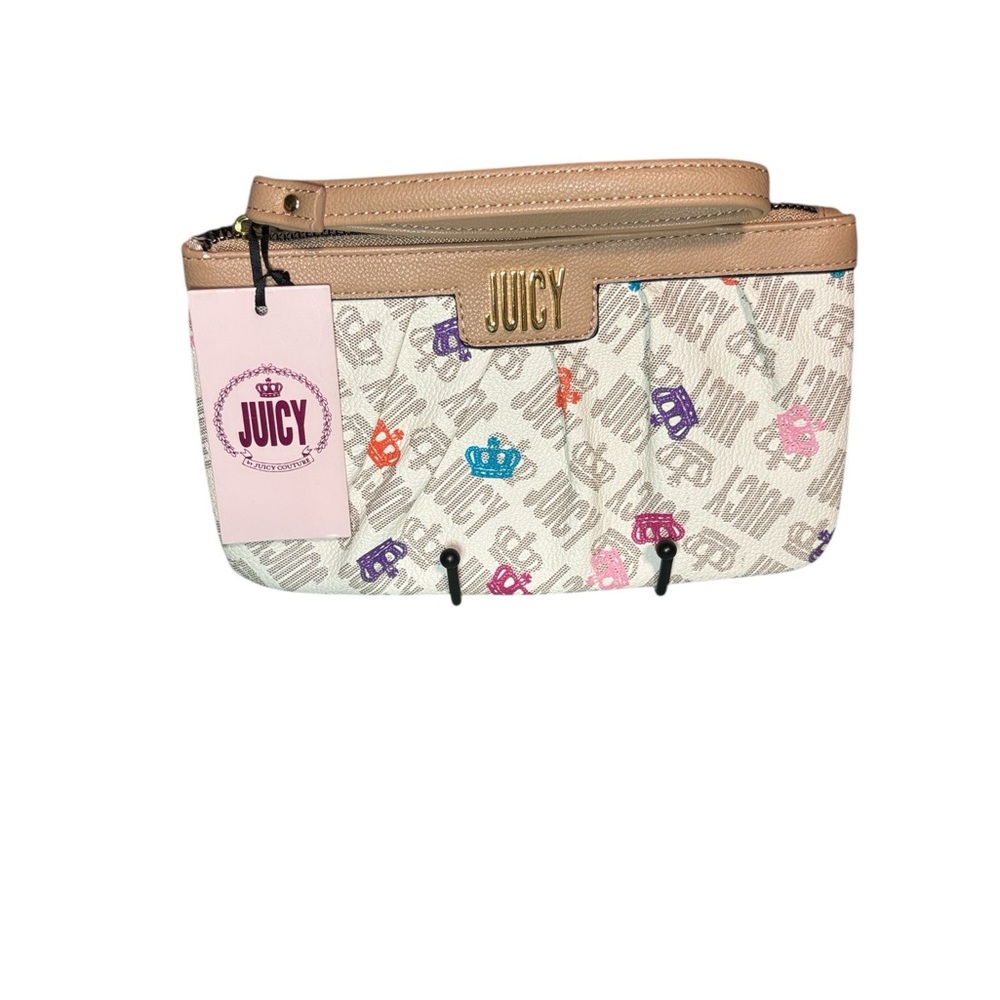 Juicy Couture White Tan Multi Crown Logo Wristlet Wallet Pouch Gold Logo NWT